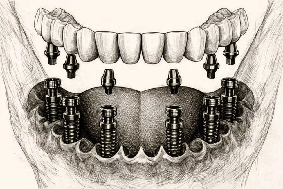 Clinical illustration of All‑on‑6 dental implants showing six titanium posts anchored in the jawbone supporting a full arch of teeth