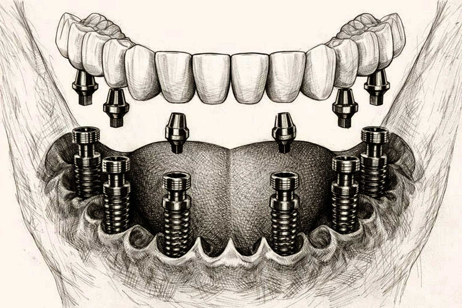 Clinical illustration of All‑on‑6 dental implants showing six titanium posts anchored in the jawbone supporting a full arch of teeth