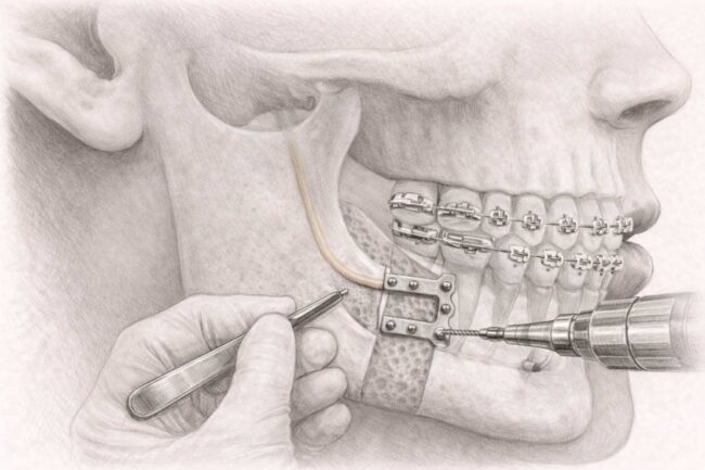facial trauma treatment. Clinical illustration showing facial bones and jaw structures affected by trauma, used to explain surgical treatment of facial injuries.