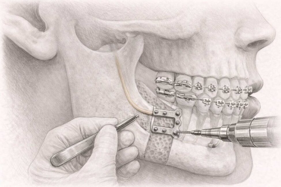 facial trauma treatment. Clinical illustration showing facial bones and jaw structures affected by trauma, used to explain surgical treatment of facial injuries.