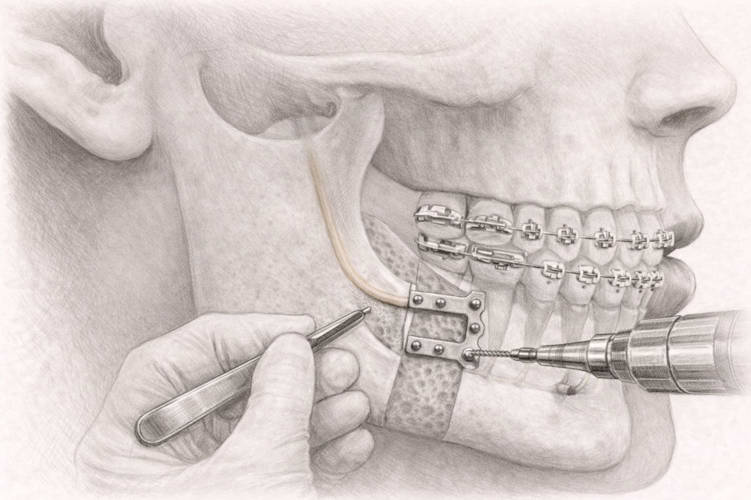 facial trauma treatment. Clinical illustration showing facial bones and jaw structures affected by trauma, used to explain surgical treatment of facial injuries.