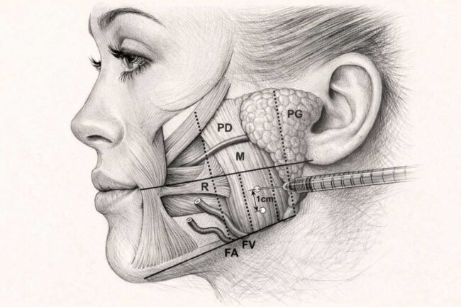 Masseter botox treatment in antalya. Clinical illustration showing the masseter muscle location and botox injection points along the jaw.
