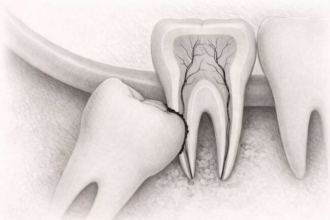 wisdom teeth removal. Clinical illustration showing impacted wisdom teeth positioned within the jawbone.