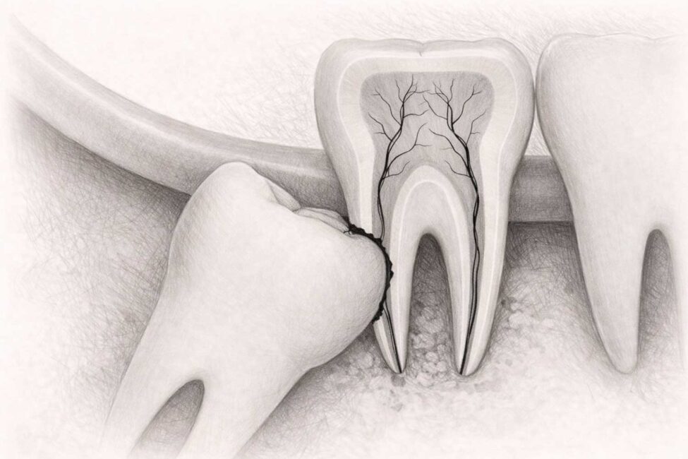 wisdom teeth removal. Clinical illustration showing impacted wisdom teeth positioned within the jawbone.