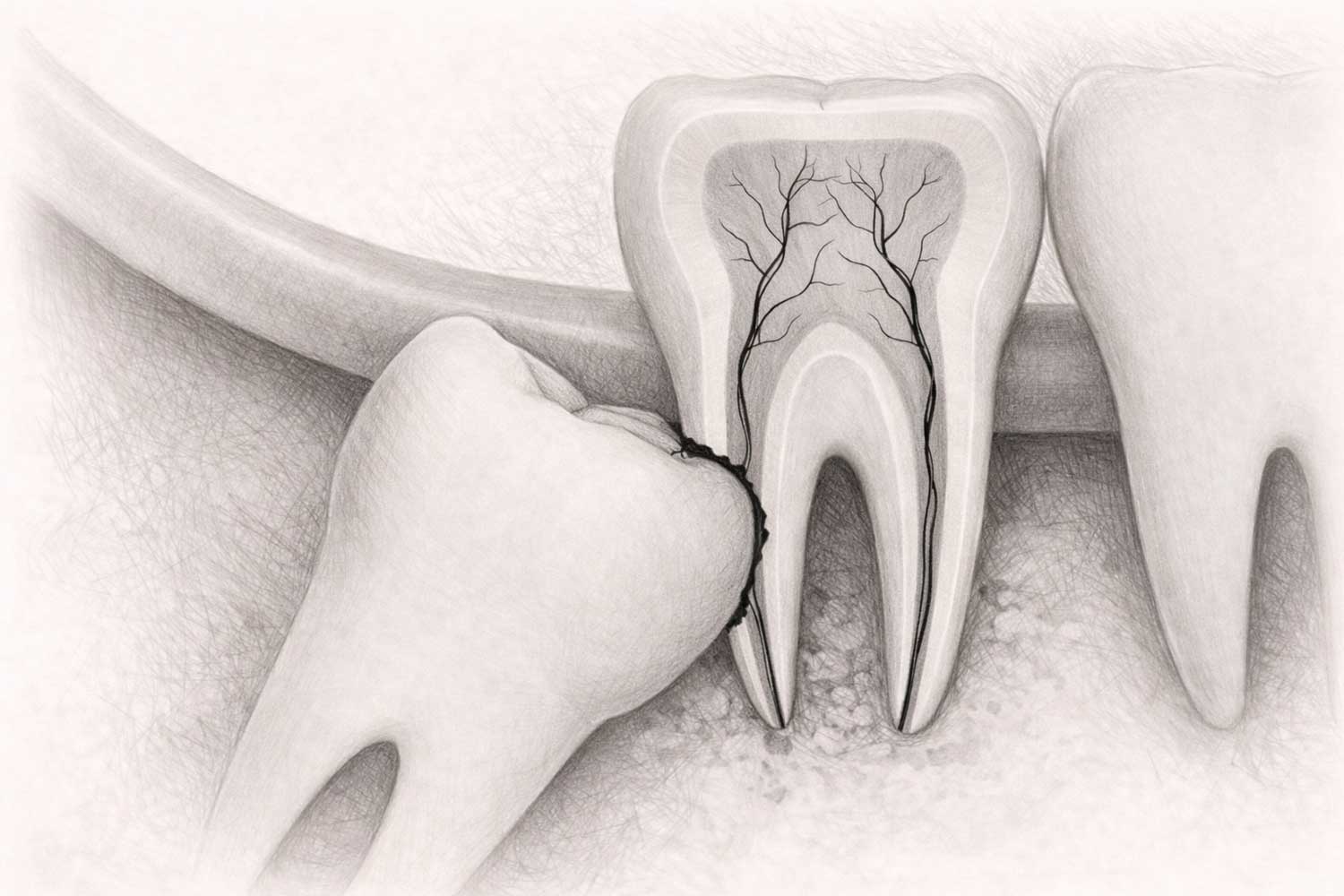 wisdom teeth removal. Clinical illustration showing impacted wisdom teeth positioned within the jawbone.
