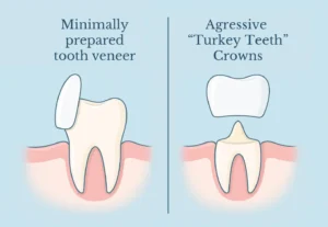Turkey teeth veneers vs crowns showing differences in tooth preparation. Dr Onur Ademhan